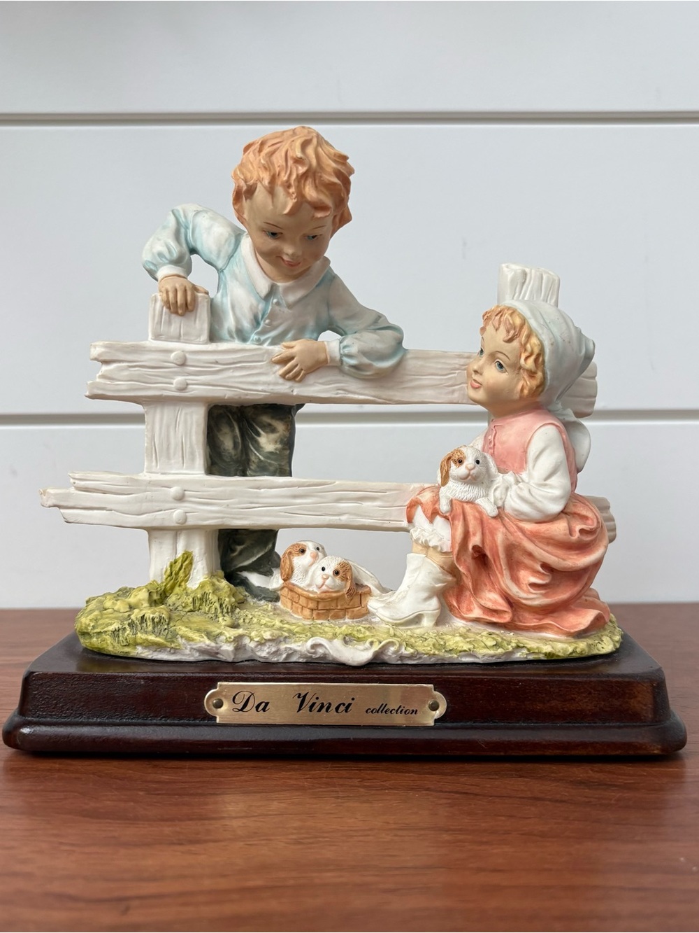 Rare Antique Da Vinci Collection Porcelain Figurine Boy Girl Puppies In Basket